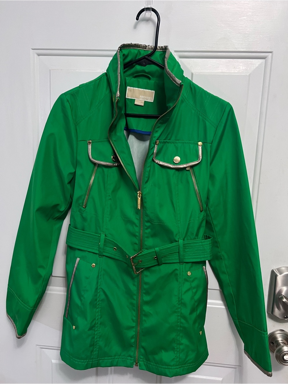 Michael Michael Kors Green Belted Utility Rain Jacket Hooded Small Gold Zip